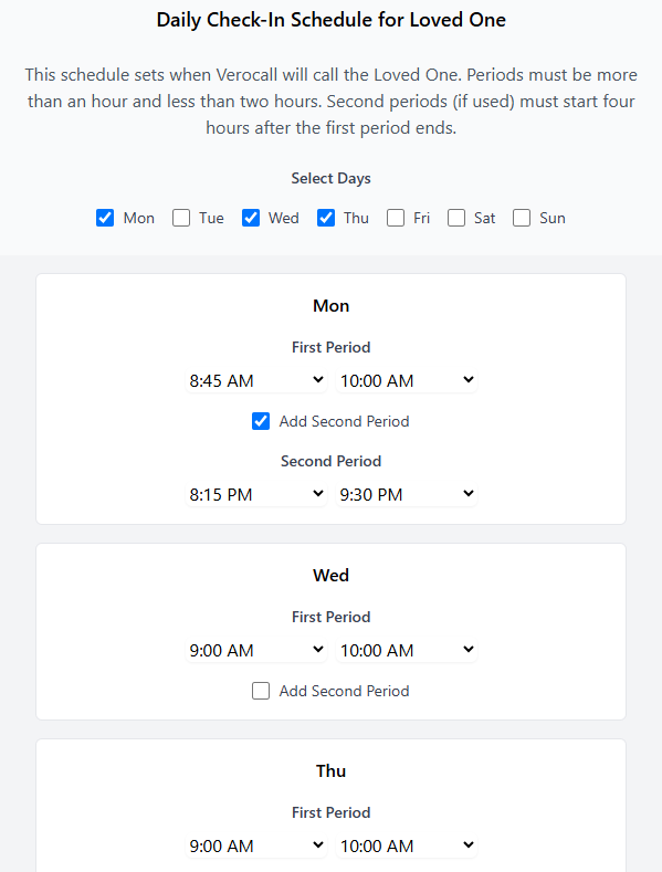 Daily check in call schedule for Verocall